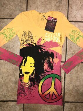 Women's Crystal Rock Christian Audigier Jamaica Peace Rhinestone T-shirt-Size XS